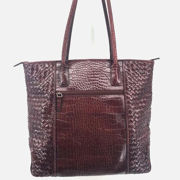 Carla Mancini Woven Croc Leather Tote Bag Brown 12" Vintage Italian Handbag - Picture 3 of 5